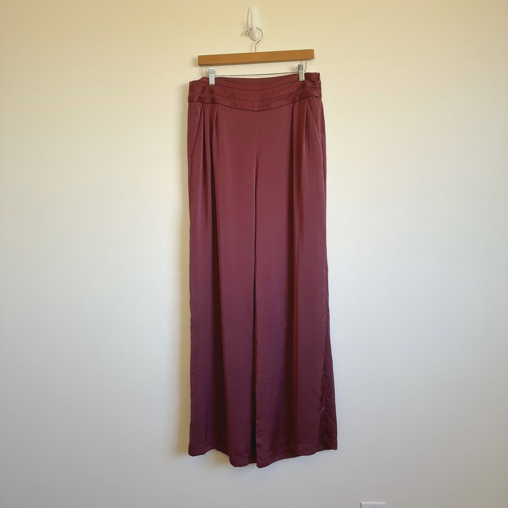 Ramy Brook Joss Wide Leg High Rise Satin Trouser Pants Size 12 Maroon Capsule